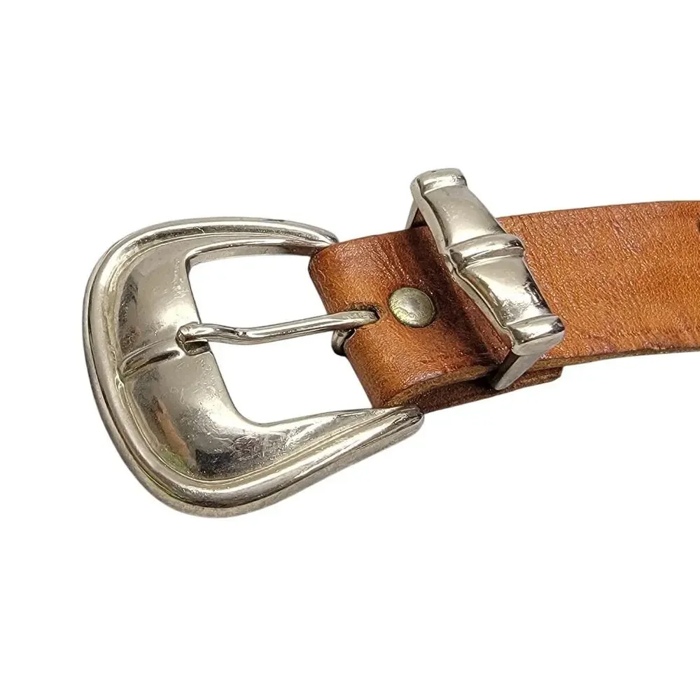 Vintage Brown Leather Studded Concho Belt Four Leaf Clover Silver Tone Boho